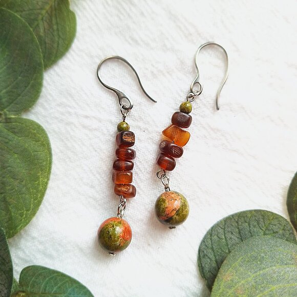 Earthy Boho Gemstone Earrings, Unakite & Sea Glass Earrings, Rustic Western - Picture 7 of 7